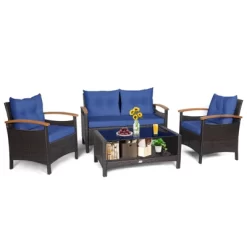 Tangkula Patio Rattan 4PCS Cushioned Chair Side Table Set Bistro Set Classic Furniture Single Sofa Thick Cushion Loveseat For Garden Off White/Navy -Tangkula GUEST 8b6f9bd9 c4d0 4612 b4f2 7e33f34dbbca