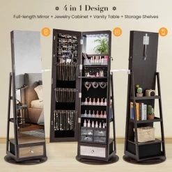Tangkula 360° Swivel Jewelry Cabinet W/ Mirror Jewelry Storage Organizer Built-in Lights Dark Brown -Tangkula GUEST 8b94d613 ec73 49b3 9fc2 a5eef7910cf8