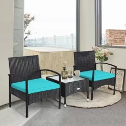 Tangkula 3 PCS Patio Wicker Rattan Furniture Set Coffee Table & 2 Rattan Chair W/ Cushion Turquoise -Tangkula GUEST 8ca40fcf eeb2 4db7 ab37 ccbfa79aa038