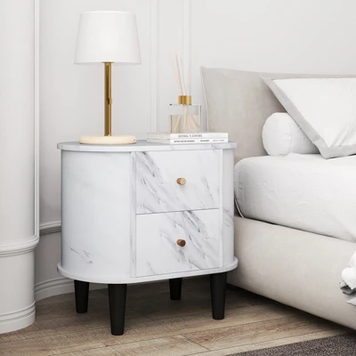 Tangkula 2PCS Nightstand W/ 2 Drawers Faux Marble Bedside Table For Small Space 4 Tangkula 2PCS Nightstand W/ 2 Drawers Faux Marble Bedside Table For Small Space - Image 2