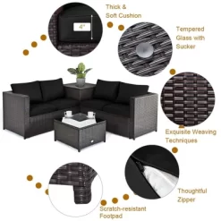 Tangkula Set Of 4 Patio Rattan Furniture Set Cushioned Loveseat Storage Table Outdoor Black