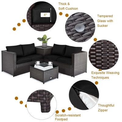 Tangkula Set Of 4 Patio Rattan Furniture Set Cushioned Loveseat Storage Table Outdoor Black 3 Tangkula Set Of 4 Patio Rattan Furniture Set Cushioned Loveseat Storage Table Outdoor Black