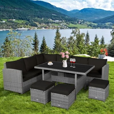 Tangkula Outdoor Wicker Coversation Set, 7 Piece, With Red/Turquoise/White/Black/Navy/Gray Cushions 4 Tangkula Outdoor Wicker Coversation Set, 7 Piece, With Red/Turquoise/White/Black/Navy/Gray Cushions - Image 2