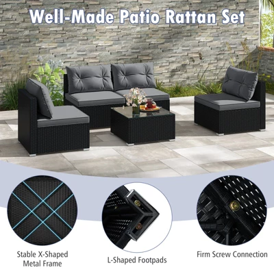 Tangkula Set Of 5 Rattan Sofa Set Outdoor Wicker Furniture Set W/Seat & Back Cushions Square Coffee Table Patio Sectional Sofa Set Gray 9 Tangkula Set Of 5 Rattan Sofa Set Outdoor Wicker Furniture Set W/Seat & Back Cushions Square Coffee Table Patio Sectional Sofa Set Gray - Image 7