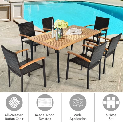 Tangkula 7 PCS Patio Rattan Dining Furniture Set Armrest Chairs Wooden Table 6 Tangkula 7 PCS Patio Rattan Dining Furniture Set Armrest Chairs Wooden Table - Image 4