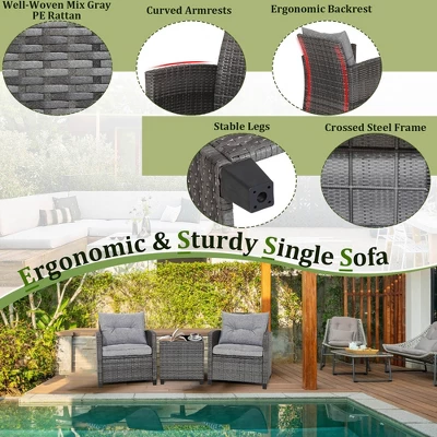 Tangkula 3PCS Patio Rattan Sofa Set Outdoor Wicker Conversation Set Glass Tabletop W/ Grey Cushion 7 Tangkula 3PCS Patio Rattan Sofa Set Outdoor Wicker Conversation Set Glass Tabletop W/ Grey Cushion - Image 5