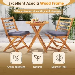 Tangkula 3 Piece Patio Wood Bistro Set Folding Table Chair Set W/Soft Seat Cushions Acacia Wood Frame High-Back Portable Chairs -Tangkula GUEST 8e5ebbbf 667d 4beb 81bf d18ace84e014