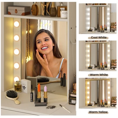 Tangkula Vanity Desk Set W/ Mirror And Lights 3-Color Lighted Mirror Cushioned Stool White 6 Tangkula Vanity Desk Set W/ Mirror And Lights 3-Color Lighted Mirror Cushioned Stool White - Image 4