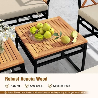 Tangkula Set Of 7 Outdoor Furniture Set Patio Acacia Wood Cushioned Sectional Sofa Set With Square Coffee Table And Ottomans 5 Tangkula Set Of 7 Outdoor Furniture Set Patio Acacia Wood Cushioned Sectional Sofa Set With Square Coffee Table And Ottomans - Image 3