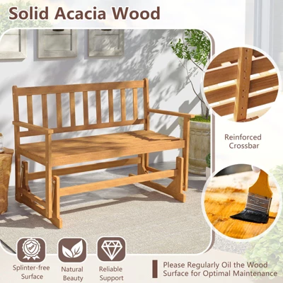 Tangkula 2 Person Patio Glider Bench Solid Acacia Wood Porch Glider Chair W/ Seat 6 Tangkula 2 Person Patio Glider Bench Solid Acacia Wood Porch Glider Chair W/ Seat - Image 4