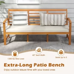 Tangkula 3-Seat Patio 64 Inch Wood Bench W/ Seat Cushion Slatted Seat & Backrest Outdoor -Tangkula GUEST 8f8e59a2 a761 49d5 a881 653fc27c914c
