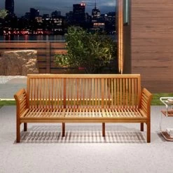 Tangkula 3 Person Outdoor Bench, 62.5" Acacia Wood Patio Sofa With Curved Armrests And Removable Seat Cushion -Tangkula GUEST 8f8f6bf4 f9bb 46b4 b0e9 91d4015e4174