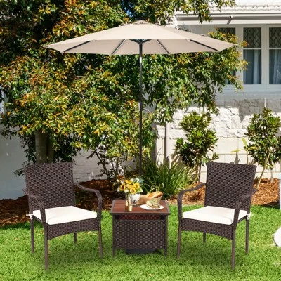 Tangkula 3 PCS Patio Furniture Set PE Wicker Bistro Set W/Acacia Wood Coffee Table & Umbrella Hole For Backyard Garden Poolside 5 Tangkula 3 PCS Patio Furniture Set PE Wicker Bistro Set W/Acacia Wood Coffee Table & Umbrella Hole For Backyard Garden Poolside - Image 3