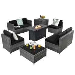 Tangkula 9 PCS Rattan Dinning Set Wicker Sofa W/Propane Gas Fire Pit 60,000 Btu Heater -Tangkula GUEST 91395b61 f6a6 4db6 b581 22ed06856832