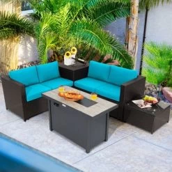 Tangkula 5PCS Patio Rattan Furniture Set Fire Pit Table W/ Cover Storage Cushion -Tangkula GUEST 9173948e 11f4 450a a9bd 2d3b1ee83d11