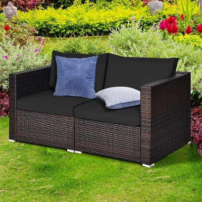 Tangkula 4PCS Rattan Corner Sofa Set Patio Outdoor Furniture Set W/ Black Cushions 4 Tangkula 4PCS Rattan Corner Sofa Set Patio Outdoor Furniture Set W/ Black Cushions - Image 2