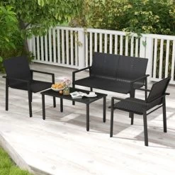 Tangkula 4 PCS Patio Furniture Set Heavy Duty Galvanized Metal Frame Wicker Table Black -Tangkula GUEST 924ae0f7 65a0 4401 a9b9 d050773e884f