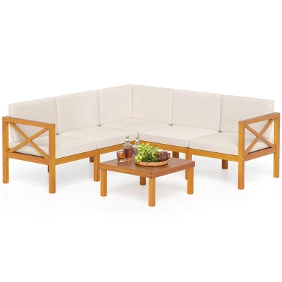 Tangkula Set Of 6 Acacia Wood Patio Furniture Set Outdoor Sectional Conversation Set W/ Cushions & Coffee Table Off White 6 Tangkula Set Of 6 Acacia Wood Patio Furniture Set Outdoor Sectional Conversation Set W/ Cushions & Coffee Table Off White - Image 4