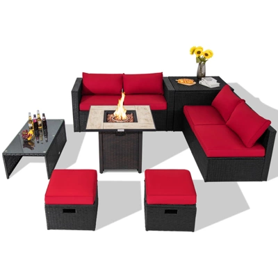 Tangkula 9 Pieces Outdoor PE Rattan Wicker Sectional Sofa With 42" Gas Fire Pit Table Space-Saving Patio Conversation Set With Storage Box Black/Grey/Navy/Red/Turquoise/Off White 16 Tangkula 9 Pieces Outdoor PE Rattan Wicker Sectional Sofa With 42" Gas Fire Pit Table Space-Saving Patio Conversation Set With Storage Box Black/Grey/Navy/Red/Turquoise/Off White - Image 14