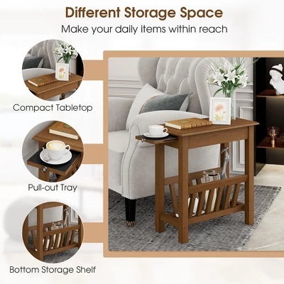 Tangkula End Table Pull-out Tray Shelf Accent Side Nightstand Rubber Wood Leg Rustic Oak 6 Tangkula End Table Pull-out Tray Shelf Accent Side Nightstand Rubber Wood Leg Rustic Oak - Image 4
