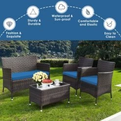 Tangkula 4PCS Patio Rattan Conversation Furniture Set Outdoor W/ Peacock Blue Cushion -Tangkula GUEST 94df6ebe ebb1 4aba b6a3 beea162880d0