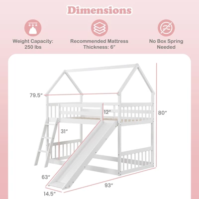 Tangkula Twin Over Twin House Bunk Bed W/ Slide Solid Wood Low Bunk Bed For Kids White 10 Tangkula Twin Over Twin House Bunk Bed W/ Slide Solid Wood Low Bunk Bed For Kids White - Image 8
