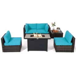 Tangkula 6 Pieces Outdoor PE Rattan Wicker Sectional Sofa With 42" 60,000 BTU Gas Fire Pit Table, Patio Conversation Set With Tempered Glass Coffee Table Black/Navy Blue/Red/Turquoise/Off White -Tangkula GUEST 950d093a dbda 458a bf44 a8246bcec32a