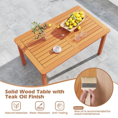 Tangkula Patio Solid Wood Dining Table W/ Umbrella Hole Teak Oil Finish Rectangular 7 Tangkula Patio Solid Wood Dining Table W/ Umbrella Hole Teak Oil Finish Rectangular - Image 5