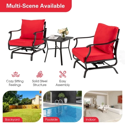 Tangkula 3PCS Outdoor Rocking Chair Set Patio Conversation Bistro Set W/ Red Cushions 9 Tangkula 3PCS Outdoor Rocking Chair Set Patio Conversation Bistro Set W/ Red Cushions - Image 7