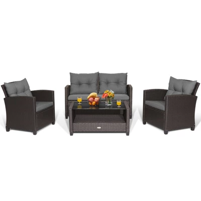 Tangkula Set Of 8 Outdoor Rattan Furniture Set PE Wicker Sectional Sofa With Loveseat Chair & Glass Table Patio Cushioned Conversation Sets Gray 7 Tangkula Set Of 8 Outdoor Rattan Furniture Set PE Wicker Sectional Sofa With Loveseat Chair & Glass Table Patio Cushioned Conversation Sets Gray - Image 5