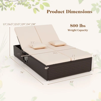 Tangkula Patio Double Chaise Lounge 6 Position Adjustable Wicker Recliner Bed With Cushions & Folding Side Trays 10 Tangkula Patio Double Chaise Lounge 6 Position Adjustable Wicker Recliner Bed With Cushions & Folding Side Trays - Image 8