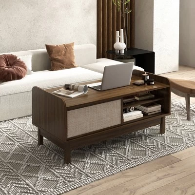 Tangkula Rectangular Coffee Table W/ Storage Weaving Sliding Door & Adjustable Shelf 3 Tangkula Rectangular Coffee Table W/ Storage Weaving Sliding Door & Adjustable Shelf