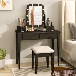 Tangkula Vanity Table Set With Lighted Mirror Adjustable 10 Bulbs Dresser 4 Drawer