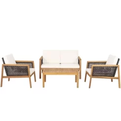 Tangkula 4PCS Patio Acacia Wood Furniture Set PE Rattan Conversation Set W/ Off White Cushions -Tangkula GUEST 968add66 7814 4c3c bf34 43c9c6eea335