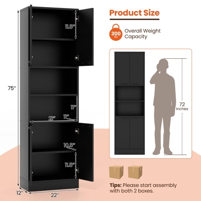 Tangkula Kitchen Pantry Cabinet 75” Tall Freestanding Cupboard With Doors & Shelves Safety Hinges & Anti-tipping Devices Black/White 10 Tangkula Kitchen Pantry Cabinet 75” Tall Freestanding Cupboard With Doors & Shelves Safety Hinges & Anti-tipping Devices Black/White - Image 8