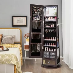 Tangkula 360° Swivel Jewelry Cabinet W/ Mirror Jewelry Storage Organizer Built-in Lights Dark Brown