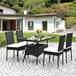 Tangkula 5PCS Patio Wicker Dining Set Outdoor Rattan Furniture Set W/ Cushion
