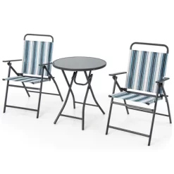 Tangkula 3 Pieces Patio Folding Chair Set W/ 2 Chairs & Glass Round Coffee Table Porch Deck Backyard