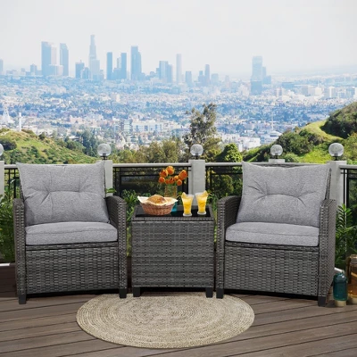 Tangkula 3PCS Patio Rattan Sofa Set Outdoor Wicker Conversation Set Glass Tabletop W/ Grey Cushion 12 Tangkula 3PCS Patio Rattan Sofa Set Outdoor Wicker Conversation Set Glass Tabletop W/ Grey Cushion - Image 10