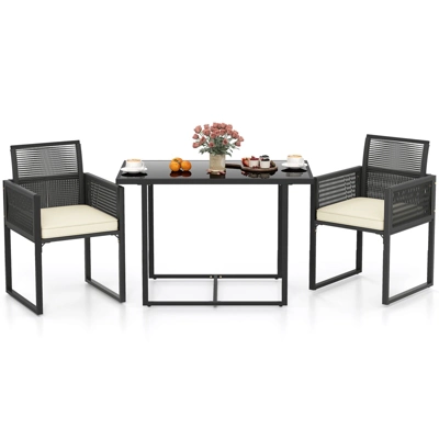 Tangkula 3 Pieces Patio Dining Set Outdoor Space-Saving PE Wicker Bistro Set With Cushions Patio Tempered Glass Top Table And Chairs Set 11 Tangkula 3 Pieces Patio Dining Set Outdoor Space-Saving PE Wicker Bistro Set With Cushions Patio Tempered Glass Top Table And Chairs Set - Image 9