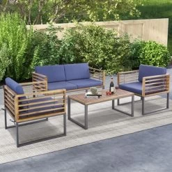 Tangkula 4PCS Acacia Wood Patio Conversation Set Outdoor Furniture Set W/ Navy Cushions