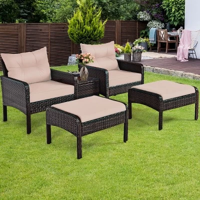 Tangkula 5-Piece Patio Rattan Conversation Set Cushioned Sofas And Ottoman Set With Table 4 Tangkula 5-Piece Patio Rattan Conversation Set Cushioned Sofas And Ottoman Set With Table - Image 2