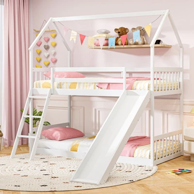 Tangkula Twin Over Twin House Bunk Bed W/ Slide Solid Wood Low Bunk Bed For Kids White 3 Tangkula Twin Over Twin House Bunk Bed W/ Slide Solid Wood Low Bunk Bed For Kids White