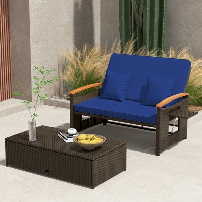 Tangkula Outdoor Wicker Daybed Patio Loveseat & Storage Ottoman Set W/ Navy Cushions 4 Tangkula Outdoor Wicker Daybed Patio Loveseat & Storage Ottoman Set W/ Navy Cushions - Image 2