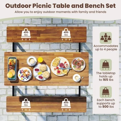 Tangkula Acacia Wood Picnic Table 4-Person Outdoor Table And Bench Set With 2 Built-in Benches Footrests Umbrella Hole Heavy-Duty Metal Frame 8 Tangkula Acacia Wood Picnic Table 4-Person Outdoor Table And Bench Set With 2 Built-in Benches Footrests Umbrella Hole Heavy-Duty Metal Frame - Image 6