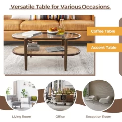 Tangkula 2-Tier Acacia Wood Coffee Table Mid-Century Modern Rectangular Center Table With Glass Tabletop And Imitation Rattan Storage Shelf 15 Tangkula 2-Tier Acacia Wood Coffee Table Mid-Century Modern Rectangular Center Table With Glass Tabletop And Imitation Rattan Storage Shelf -Tangkula GUEST 9e62a0f1 fdee 43b6 b432 dba07ea231ca