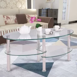 Tangkula Oval Dining Table Tempered Glass Top Tea Table Chrome Base Living Room