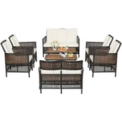 Tangkula 8PCS Cushioned Patio PE Wicker Conversation Furniture Set W/ Acacia Wood Tabletop -Tangkula GUEST 9f23d15d 9e6b 4b13 b5a9 2db671551548