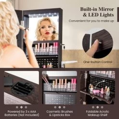 Tangkula 360° Swivel Jewelry Cabinet W/ Mirror Jewelry Storage Organizer Built-in Lights Dark Brown -Tangkula GUEST 9f681c59 2184 40e7 aff0 8302ea0794f4