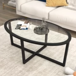 Tangkula Modern Glass Coffee Table W/ Cross Base & Acacia Wood Legs For Small Spaces